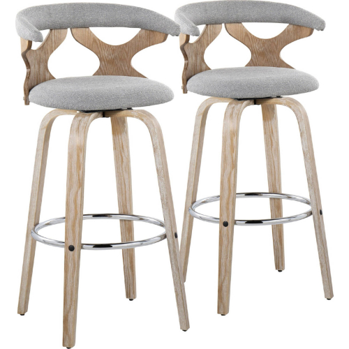 Gardenia 30" Swivel Bar Stool in White Washed Wood & Grey Fabric w/ Chrome Footrest (Set of 2)